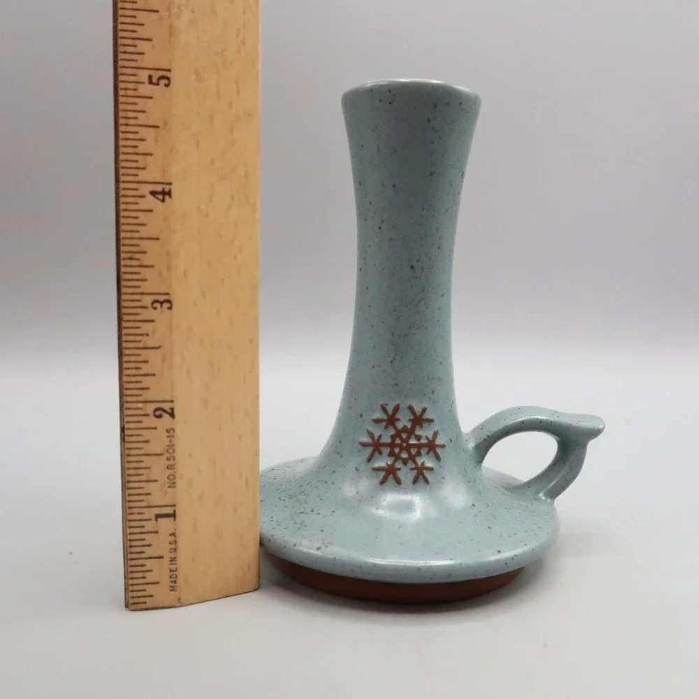 Goss Blue‎ Winter Snowflake Speckled Stoneware Candlestick Vermont USA 5